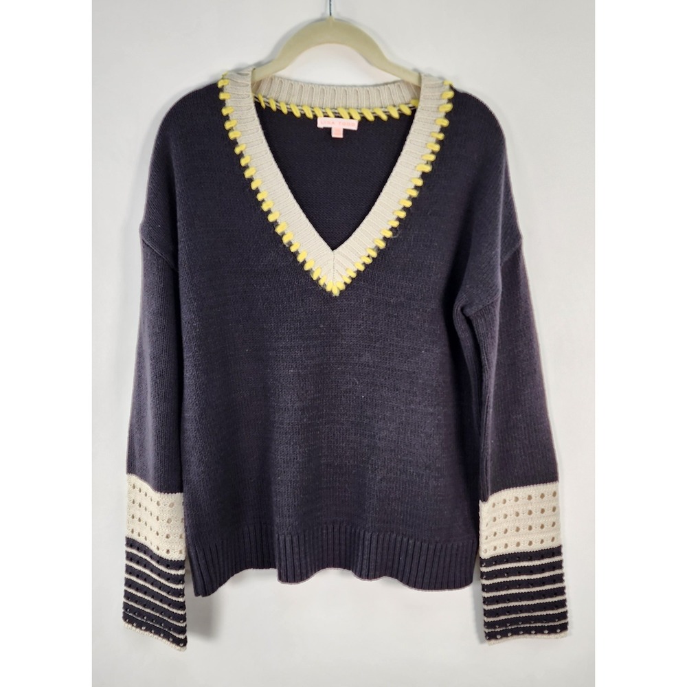 Lisa Todd Sweater Women's XS V Neck Navy Ivory Crochet Detail